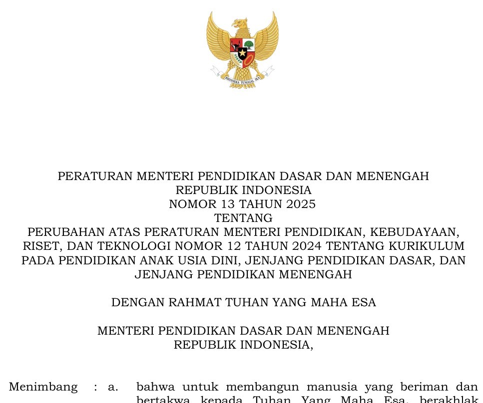 Permendikdasmen No 13 Tahun 2025 Tentang Struktur Kurikulum Jenjang PAUD SD SMP dan SMA Tahun 2025