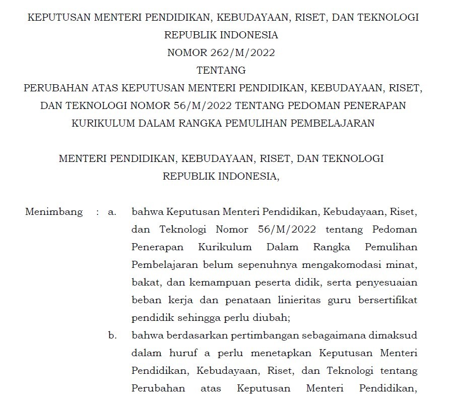 Kepmendikbudristek Nomor 262 Tahun 2022 Tentang Perubahan Perndeikbud Nomor 22 Tahun 2022