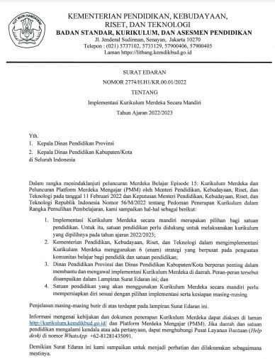 Surat Edaran BSKAP Kemendikbudristek Nomor 2774 thn 2022 tentang IKM mandiri tahun ajaran 2022/2023