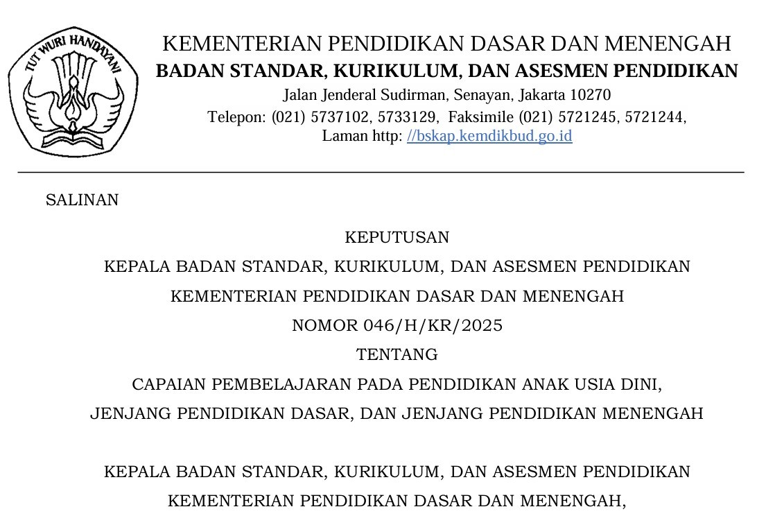 Keputusan Kepala BSKAP No 46 Tahun 2025 Tentang Capaian Pembelajaran Jenjang PAUD SD SMP SMA-SMK